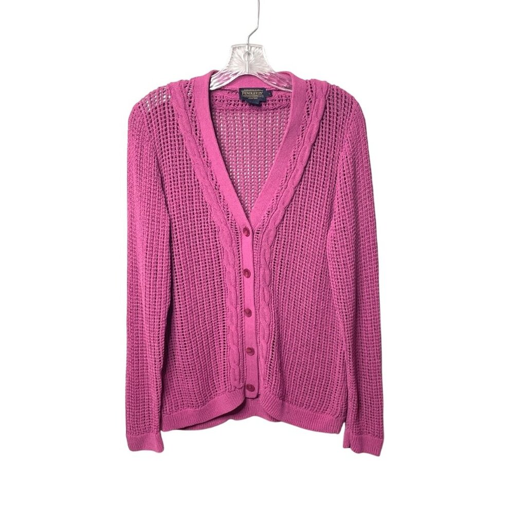 Pendleton Women's Pink Open Cable Knit Button-Front Cardigan Sweater Size Large